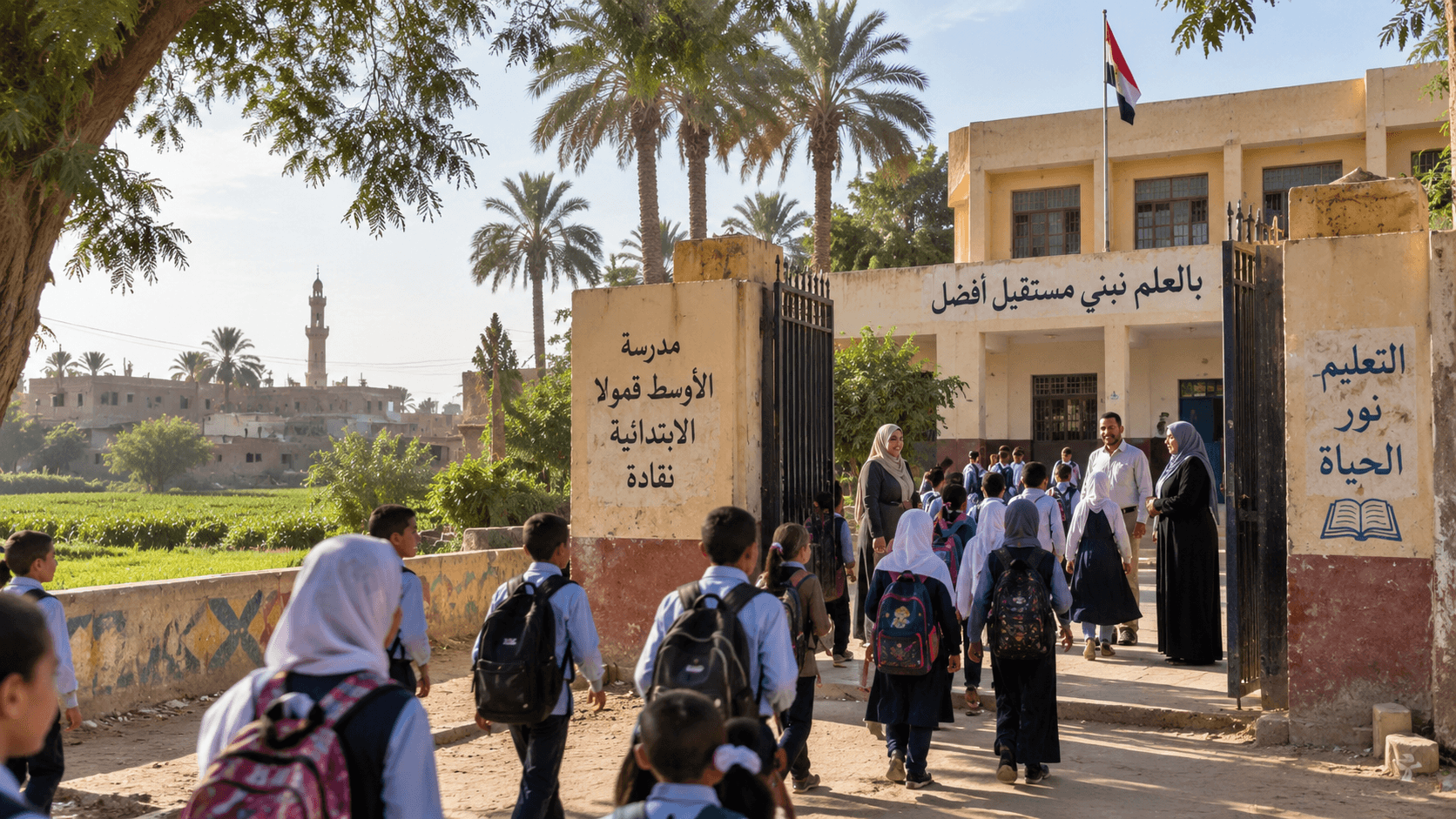طلاب يدخلون مدرسة في الأوسط قمولا بنقادة وسط البيئة الريفية بمحافظة قنا