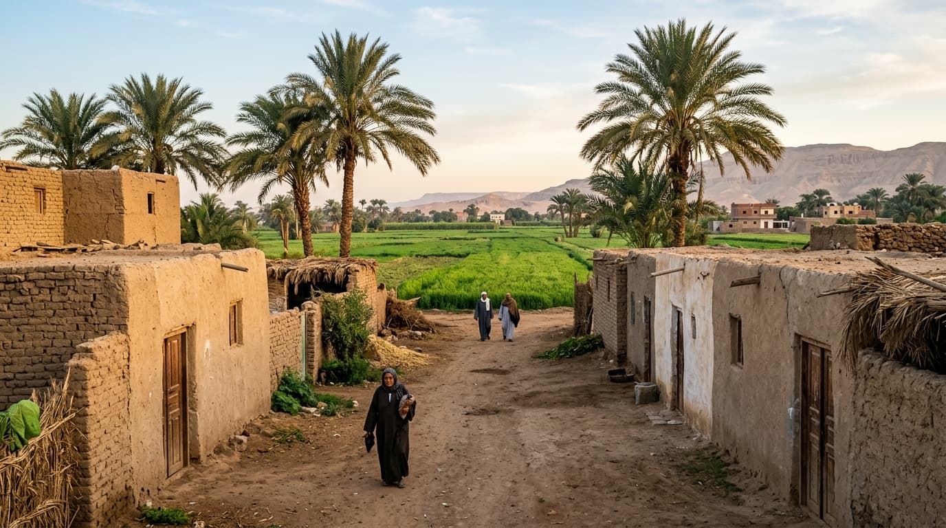 مشهد توضيحي مستوحى من البيئة الريفية في بشلاو بمركز نقادة مع منازل صعيدية ونخيل وحقول زراعية
