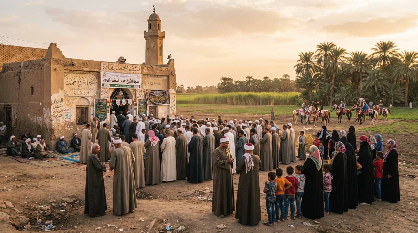 مشهد توضيحي لنجع ريفي صغير في مركز نقادة تحيط به بيوت صعيدية وحقول ونخيل وطرق محلية