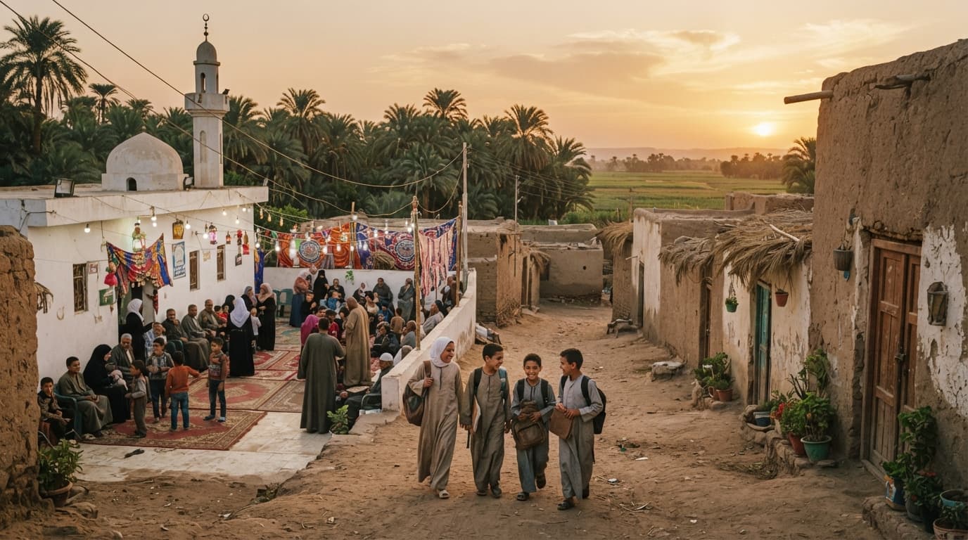 مشهد توضيحي مستوحى من البيئة الريفية في نجع القرية والأوسط قمولا مع بيوت ونخيل وحقول وحياة محلية هادئة