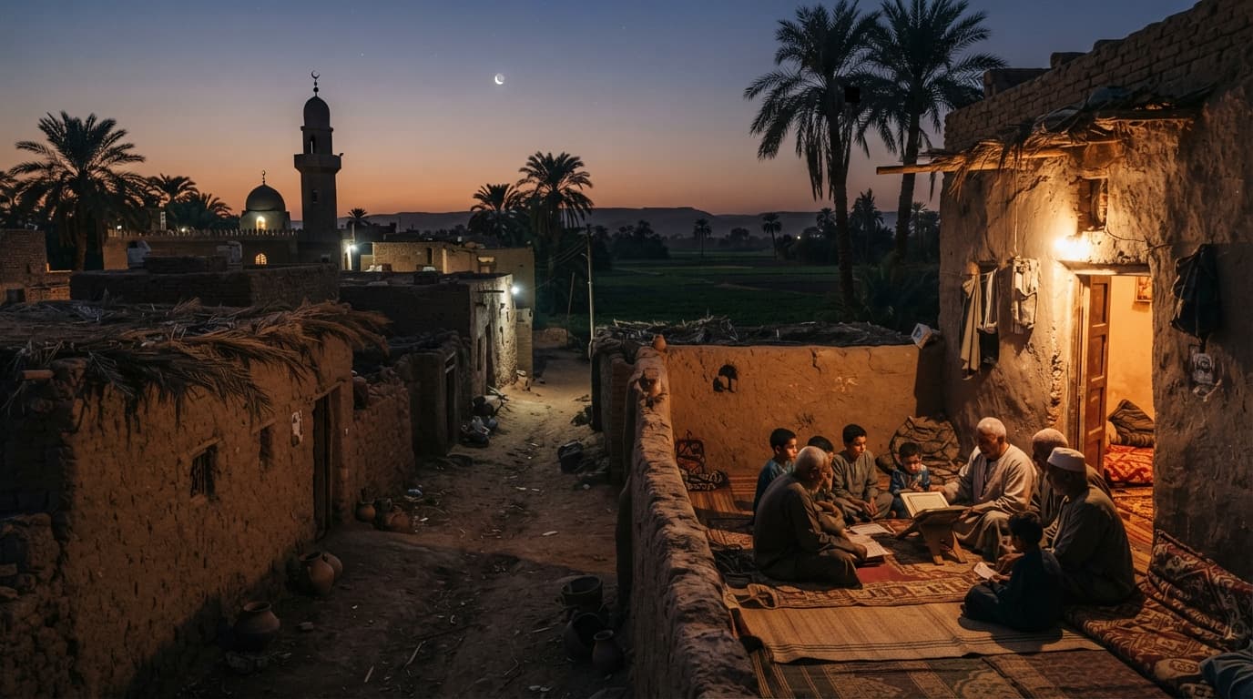 مشهد توضيحي ريفي من بيئة الأوسط قمولا مع بيوت وحقول ونخيل ومسجد صغير في الأفق